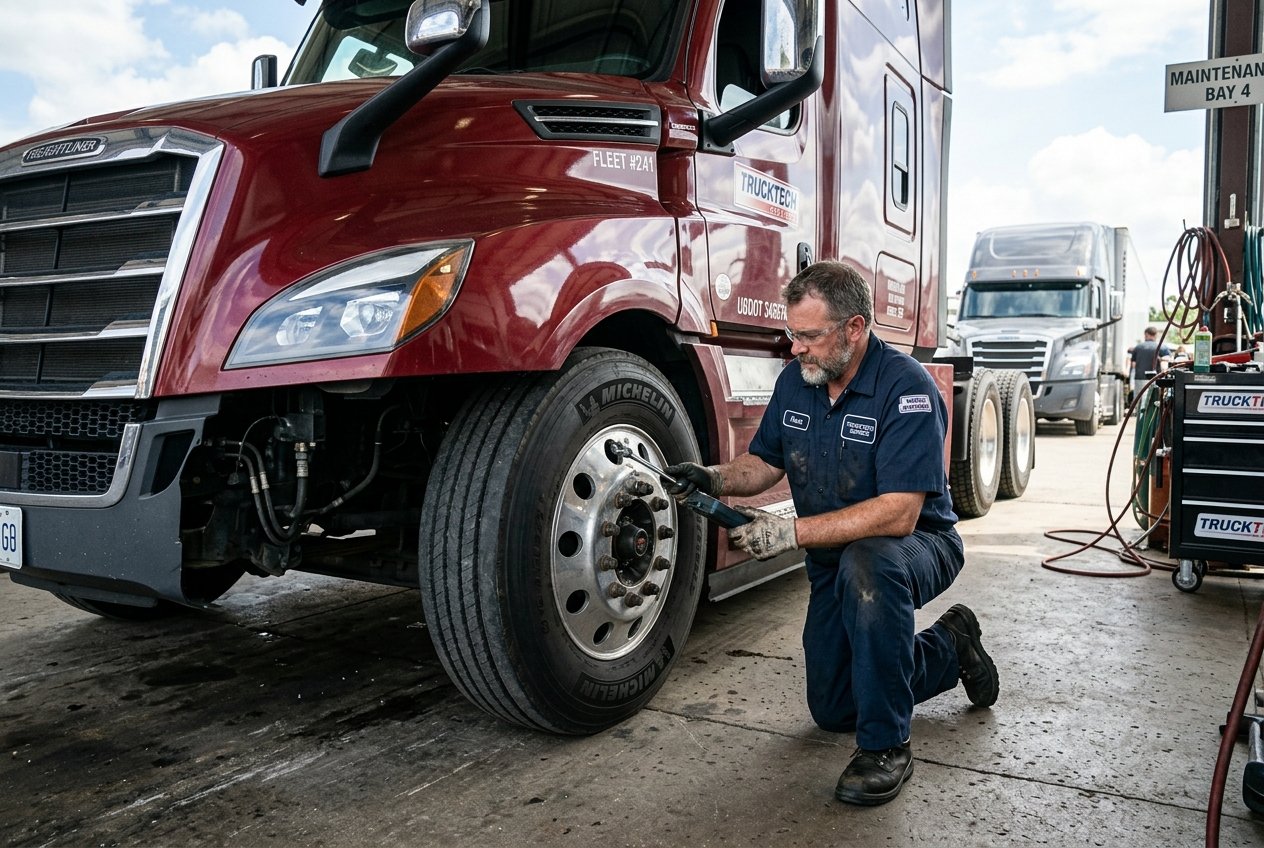 Mechanic inspecting a heavy-duty truck