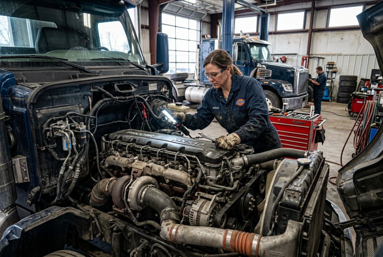 Mechanic inspecting a heavy-duty truck