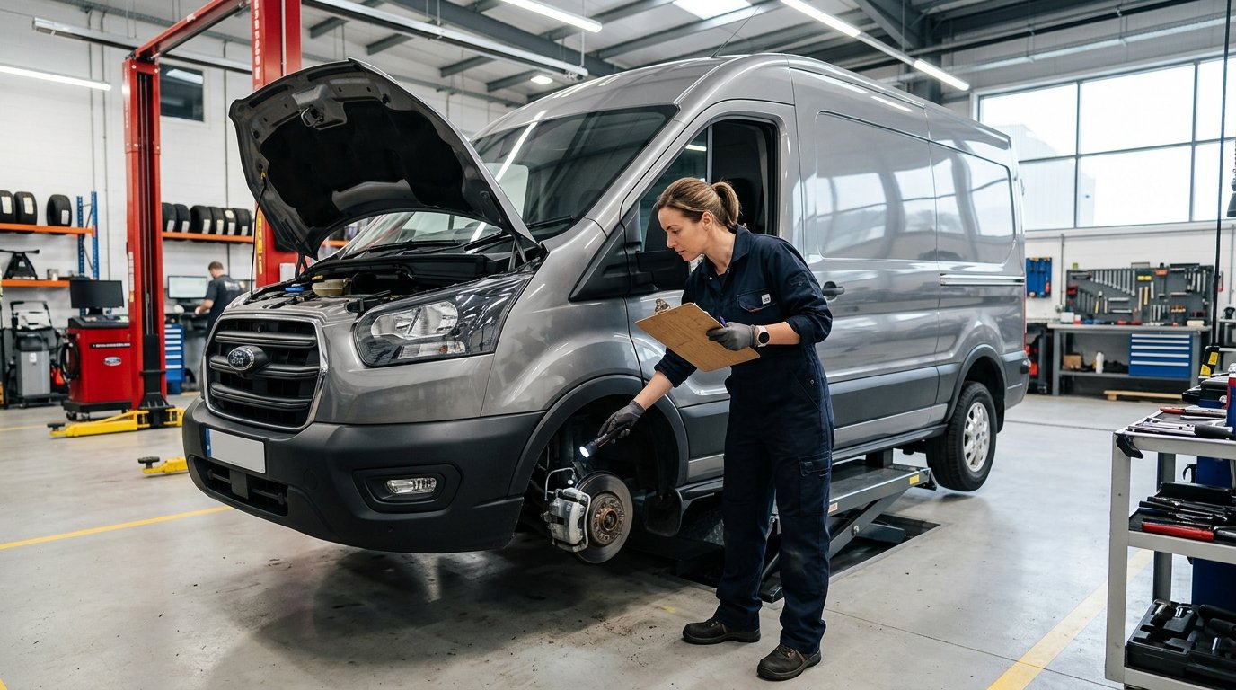 Mechanic inspecting a van
