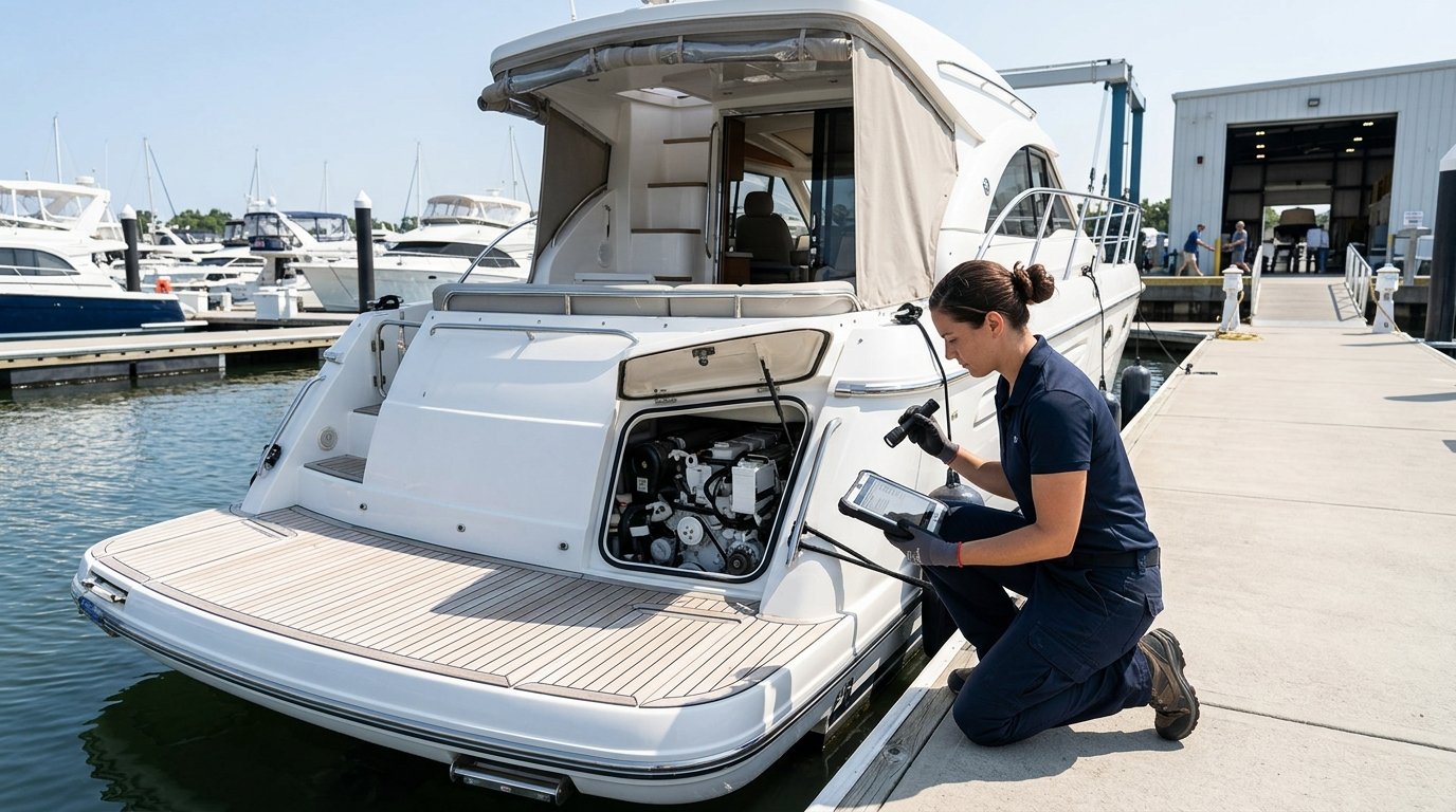 Marine technician inspecting a watercraft